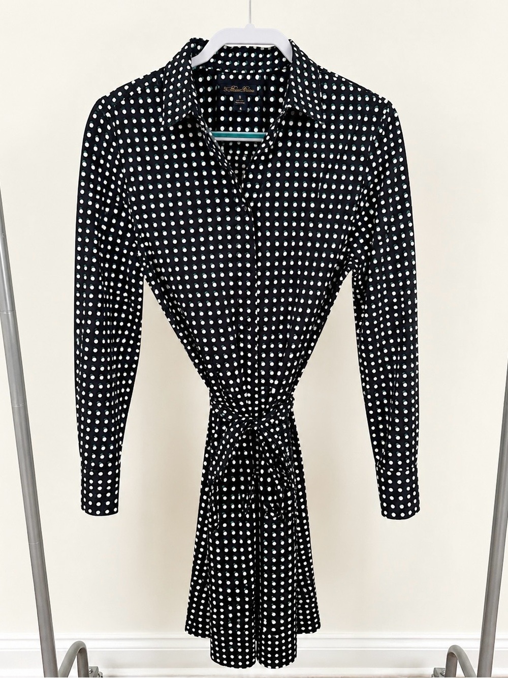 Brooks Brothers Navy, Green & White Polka Dot Tie-Waist Shirt Dress